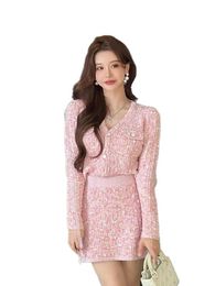 Women v-neck two piece dress suit cardigan and short pink Colour sweater desinger skirt twinset SML
