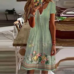 Basic Casual Dresses Casual Women Dress Fashion Summer Print Short Sleeve V-Neck Elegant New Beach Mini Party Dresses Office Plus Size Femme Vestidos