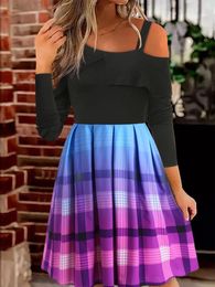 Casual Dresses Gradient Plaid One Sided Cold Shoulder Mini Dress 2024 Autumn Elegant Vacation Ladies Oversized Loose Large Swing Long Skirt