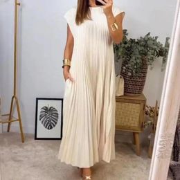 Casual Dresses Women's Summer Dress Pleated Round Neck Solid Color Loose A-Line Sleeveless Retro Beach