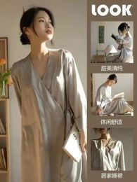 Women's Sleepwear French Homewear Dress Premium Feeling Long Sleeve Ice Snow Silk Pajamas Women Spring Summer Nightgowns