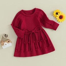 Girl Dresses Kids Girls Knit Dress Toddler Infant Clothes Sweater Solid Bobbles Long Sleeve Knitwear Fall Winter Princess Christmas