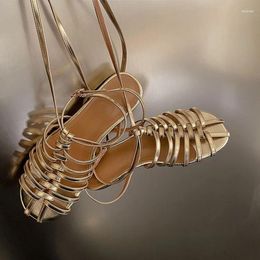 Casual Shoes 2024 Gladiator Women Flats Sandals Gold Leather Beach Flip Flops Ankle Strap Lady Sandalias Femininos Chaussure Mujer