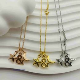 Luxury Tiffenny Designer Brand Pendant Necklaces T Family 925 Solid Silver Five Point Star Moon Necklace Chain Cute Jewellery