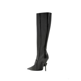 Women's heels leather knee high boots strap metal buckle pull on party shoes