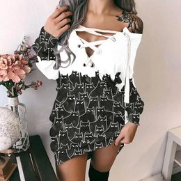 Casual Dresses Women's Hoodie Sweatshirt Dress Long Sleeve Printed Pullover Tunic Off Shoulder Strappy Sexy Mini Female