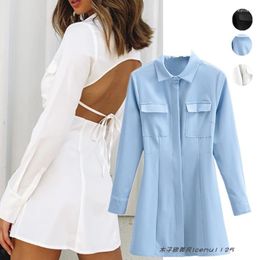 Casual Dresses INS Style Lapel And Waist Tight Pocket Open Back Lace Up All-Match Slimming Short Long Sleeve Shirt Dress A- Line Skirt