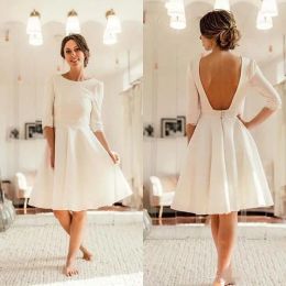 2024 Beach Short Wedding Dresses 1/2 Long Sleeves Backless Chiffon Lace Knee Length Simple Wedding Bridal Gown