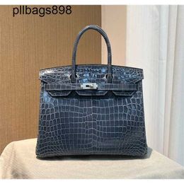 Brkns Handbag Genuine Leather 7A Handswen Storm Blue Crocodile Skin 30Cm Handheld with Handsewn470G