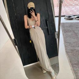 Casual Dresses Women Summer Fold U Neck Halter Sleeveless Vest Maxi Long Dress