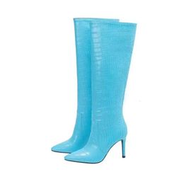 Women's slim high heeled crocodile patterned pointed toe knee high boots pull on tall boots