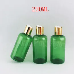 Storage Bottles 220ML Green Plastic Bottle With Gold Disc Top Cap 220CC Empty Cosmetic Container Lotion / Shampoo Packaging