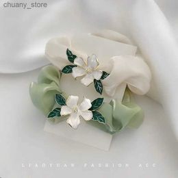 Hair Rubber Bands Green white silk tie enamel flower jasmine gardenia tie ponytail green white headband rubber band elegant big brand Y240417