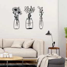 Panel 3 Piece Metal Flowers and Vases Wall Decoration Minimalist Art Wall Sculpture Daffodils Chrysanthemum Eucalyptus Leaf Iron Decorat