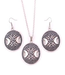 Gold Triple Moon Goddess Wicca Pentagram Magic Amulet Pendant Women Tree Moon Necklaces Earring Set Jewelry4883176
