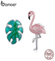 Silver Flamingo and Leaf Earrings 100 925 Sterling Forest Fresh Stud Earring for Girl fashion Jewellery SCE1124 2106165331126