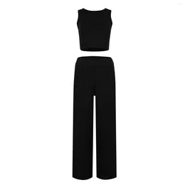 Women's Pants Two Piece Sleeveless Cropped Top High Waisted Wide Leg With Pockets Sportswear Casual Solid Color Suit 2024