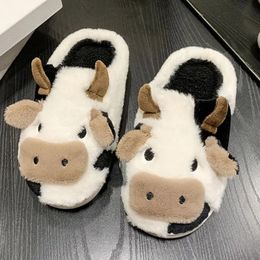 Winter Slippers Cute Women Girls Kawaii Fluffy Warm Plush Slippers Cartoon Milk Cow House Funny Casual Shoes 240407