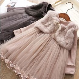 Autumn Girls Dresses Children Clothes Fake Mink Jacket Faux Fur Warm Lace Birthday Wedding Party Toddler Casual Vestidos 2-8 Yrs 240407