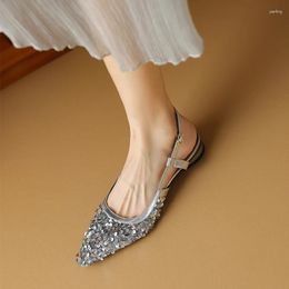 Sandals Black Silver Covered Pointy Toe Bling Glitter Shoes Women Sequined Low Heels Slingback Lady Dress Pumps Size 41 42