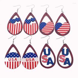 Dangle Earrings Independence Day USA Letter Heart Shaped American Flag Color Hollow Out Wood Gift