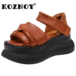 Sandals Koznoy 7.5cm Women Moccasins Summer British Hook Peep Toe Cow Genuine Leather Platform Wedge Loafer ROME Mary Jane Shoes