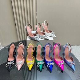 Satin pointed slingshot bow high heels, crystal sunflower high heels, 100mm luxury designer wedding shoes, dress shoes, women's sandals