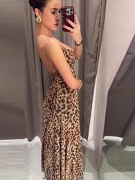 Casual Dresses Sexy Leopard Print Silk Slip Dress Women Backless Sleeve Maxi Female 2024 Summer Lady Party Vestidos Streetwear