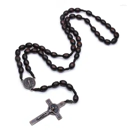 Choker Rosary Necklace Vintage Jesus Cross Catholic Brown Wood Beads Prayer Religious Jewellery For Men Women