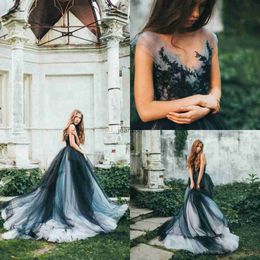 Black Gothic Wedding Dresses A Line V Neck Lace Appliques Beaded Sweep Train Backless Country Bridal Gowns Plus Size Wedding Dress