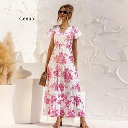 Party Dresses White Floral Print Summer Women Long Dress Casual Short Sleeve V-neck Button Belt Maxi Beach Vestidos