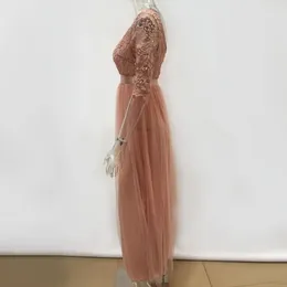 Casual Dresses Chiffon Long Dress Elegant Lace Flower Embroidery Maxi Evening With Half Sleeve Tight Waist For Women's Prom Party Round