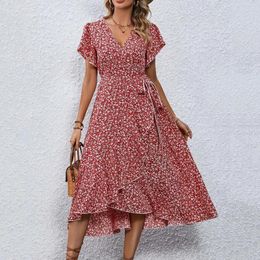 Casual Dresses Elegant For Women Sexy Waist Floral Short Sleeved Dress Wrap V-Neck Cinched Long