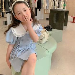 Girl's Dresses Cute baby girl fluffy sleeve bandage dress summer lace lapel Korean childrens jacket party childrens clothing Q240418