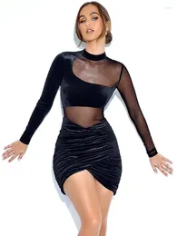 Casual Dresses 2024 Elegant Party Velvet Dress Women O-Neck Long Sleeve Sexy Mesh See Through Bodycon Woman Ruched Robes Vestidos