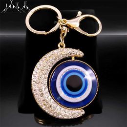 Keychains Lanyards Fashion Crystal Crescent Moon Evil Blue Eye Keychain Women Men Alloy Rhinestone Key Chain Turkish Turkey Eyes Jewelry K5208S05 Y240417