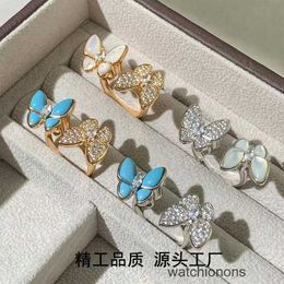 High-end Luxury Ring Vancllef V Gold High Ding Butterfly Ring White Fritillaria Double Full Diamond Blue Turquoise Fashion Precision Edition