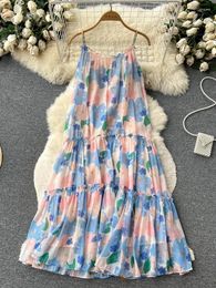 Casual Dresses YuooMuoo Romantic Chains Straps Floral Print Long Dress Women Soft Lazy Loose A-line Vacation Party Korean Beach Vestidos