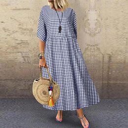 Casual Dresses Holiday Dress Stylish Check Print Maxi For Women A-line Silhouette Short Sleeves Pleated Design Commuting Dating