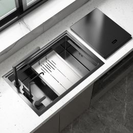 Modern Black Stainless Steel Single Basin Concealed Kitchen Sink for Home Undermount Dishwashing Sink