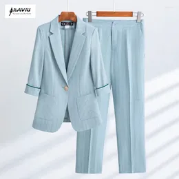 Women's Two Piece Pants NAVIU Blue Stripes Suits Set For Women Half Sleeve Slim Blazer Trousers Office Ladies 2 Pieces Work Wear Fashion
