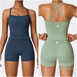 LL-8519 Womens Yoga Outfit Yoga Sets Pants Vest Excerise Sport Gym Running Trainer Casual Shorts Elastic High Waist Sportwear With Chest Pad