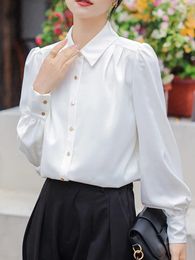 Women's Blouses QOERLIN Button Down Shirt Classic Long Sleeve Collared Tops Work Office Chiffon Blouse Elegant White Bussiness Top