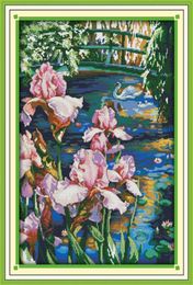 Iris pool Swan lake room decor painting Handmade Cross Stitch Embroidery Needlework sets counted print on canvas DMC 14CT 11CT7435522