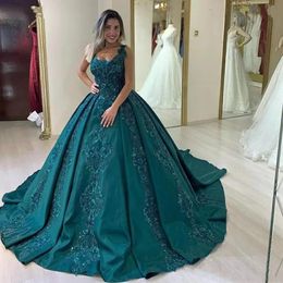 turquoise Green Beaded Lace Evening Dresses Formal Ball Gowns Spaghetti Straps Appliques Sequins Ruched Long Celebrity Prom Dresses