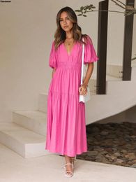 Casual Dresses Womens Summer Ruffle A Line Boho Maxi Dress Sexy V Neck Puff Half Sleeve Smocked Long Flowy Holiday Vocation