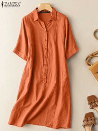 Basic Casual Dresses ZANZEA Summer Dress Elegant Short Sleeve Dresses Women Vintage Cotton Vestido O-Neck Button A-line Work Sundress Robe Femme