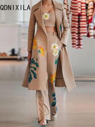 Women's Two Piece Pants Fashion Elegant Tops Pant Sets Spring Printed Long Trench Coat Wrapped Chest Flared Women Three Set
