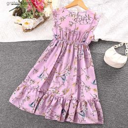 Girl's Dresses Dress Kids Girls 5-12 Years Blue Green Purple Sleeveless Floral Dress For Girls Elegant Vacation Holiday Party Dress