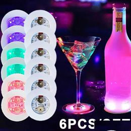 Mats Pads 6/1Pcs Led Luminous Coasters Sticker Liquor Bottle Drink Cup Mat For Wedding Party Table Decoration Kitchen Accessories Dhhxx